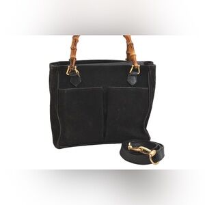 Authentic GUCCI Vintage Bamboo 2 Way Shoulder Hand Bag Suede Leather Black